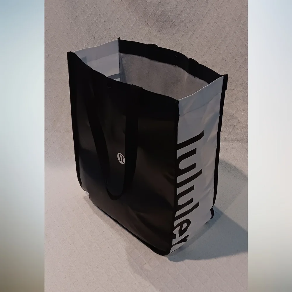 Lululemon Reusable Tote Bag with Snap-On Button and Handles Black White